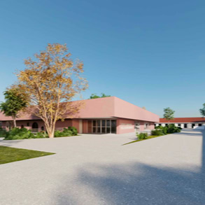 Render della nuova costruzione del polo scolastico di Vigasio, in cui ORIGINE Ingegneria svuolge il compito di coordinatore della sicurezza.